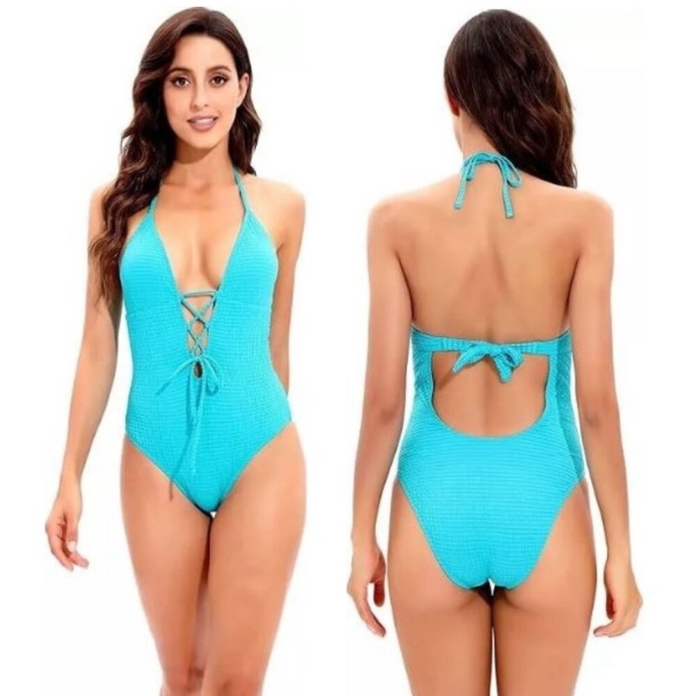 NWT Lucky Brand turquoise blue “Golden Wave” lace up front swimsuit